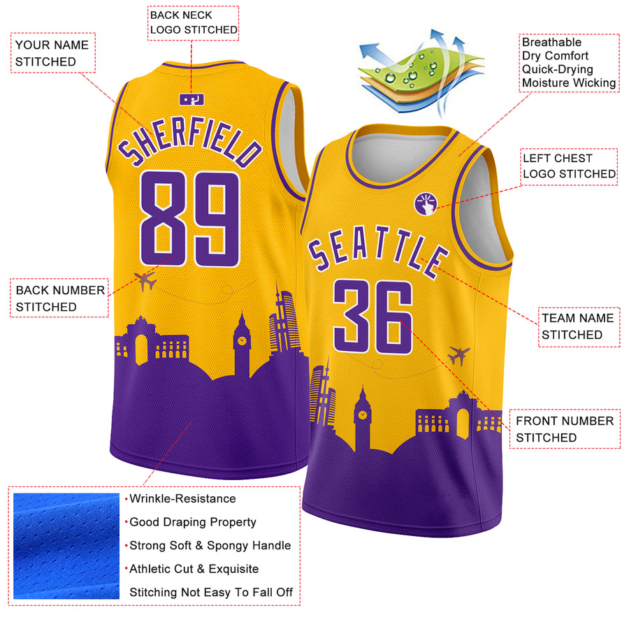 Custom Gold Purple-White Holiday Travel Monuments Silhouette Authentic City Edition Basketball Jersey