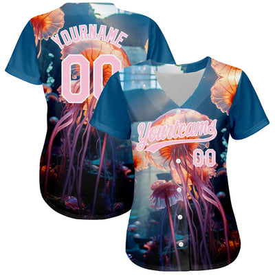 Custom Navy Light Pink-White 3D Pattern Design Jellyfish Floating In The Ocean Authentic Baseball Jersey