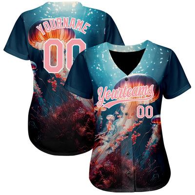 Custom Navy Medium Pink-White 3D Pattern Design Jellyfish Under Water With Light Shining Authentic Baseball Jersey