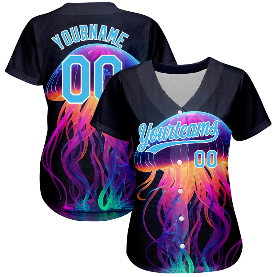 Custom Black Sky Blue-White 3D Pattern Design Neon Jellyfish Authentic Baseball Jersey