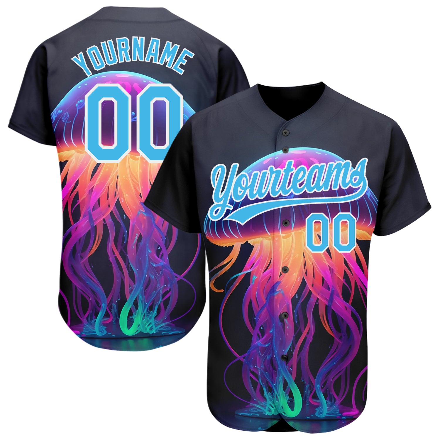 Custom Black Sky Blue-White 3D Pattern Design Neon Jellyfish Authentic Baseball Jersey