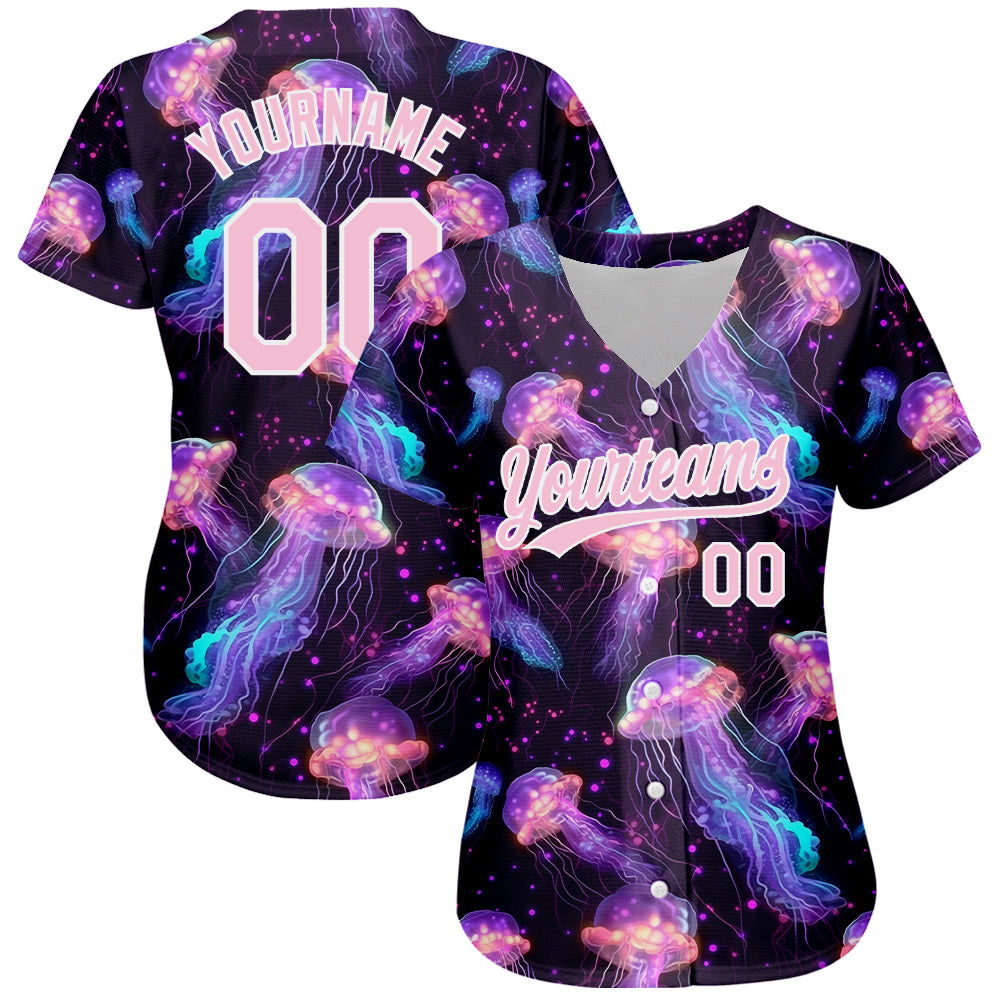 Custom Black Light Pink-White 3D Pattern Design Jellyfish Floating In The Ocean Authentic Baseball Jersey