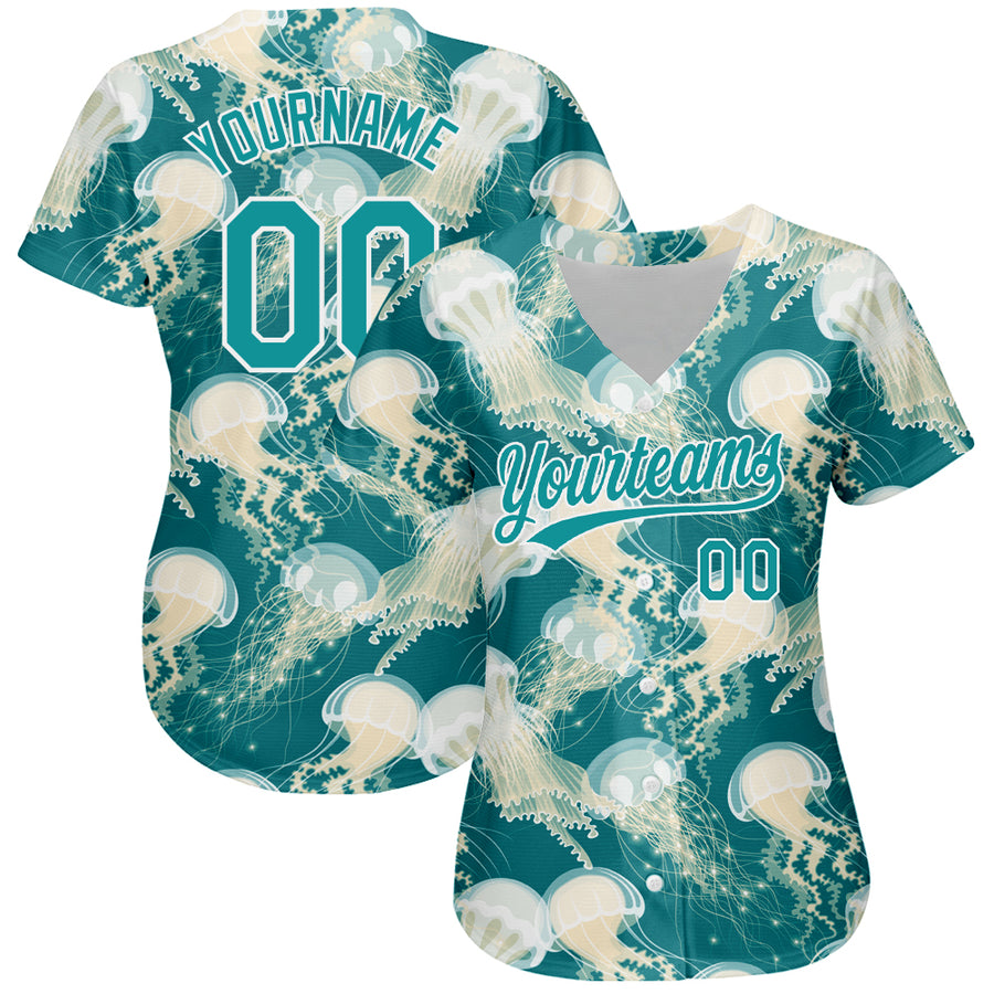 Custom Teal White 3D Pattern Design Jellyfish Authentic Baseball Jersey