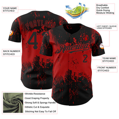 Custom Black Red 3D Pattern Design Abstract Splatter Grunge Art Authentic Baseball Jersey