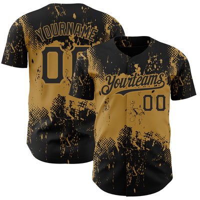 Custom Black Old Gold 3D Pattern Design Abstract Splatter Grunge Art Authentic Baseball Jersey