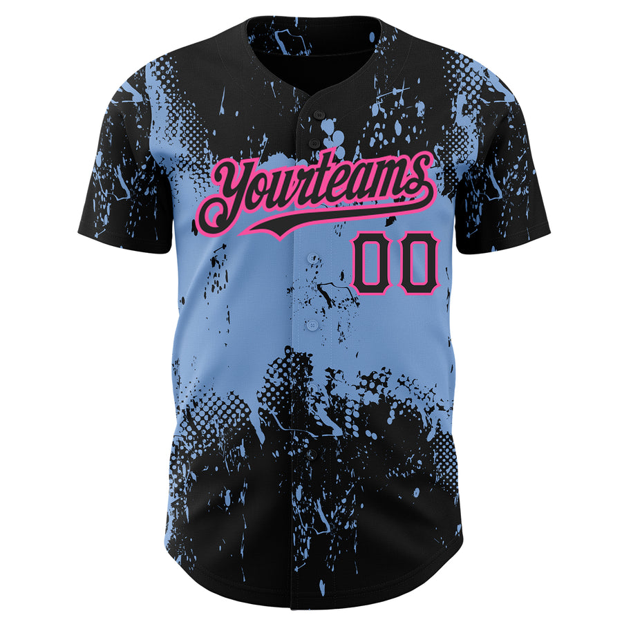 Custom Black Light Blue-Pink 3D Pattern Design Abstract Splatter Grunge Art Authentic Baseball Jersey