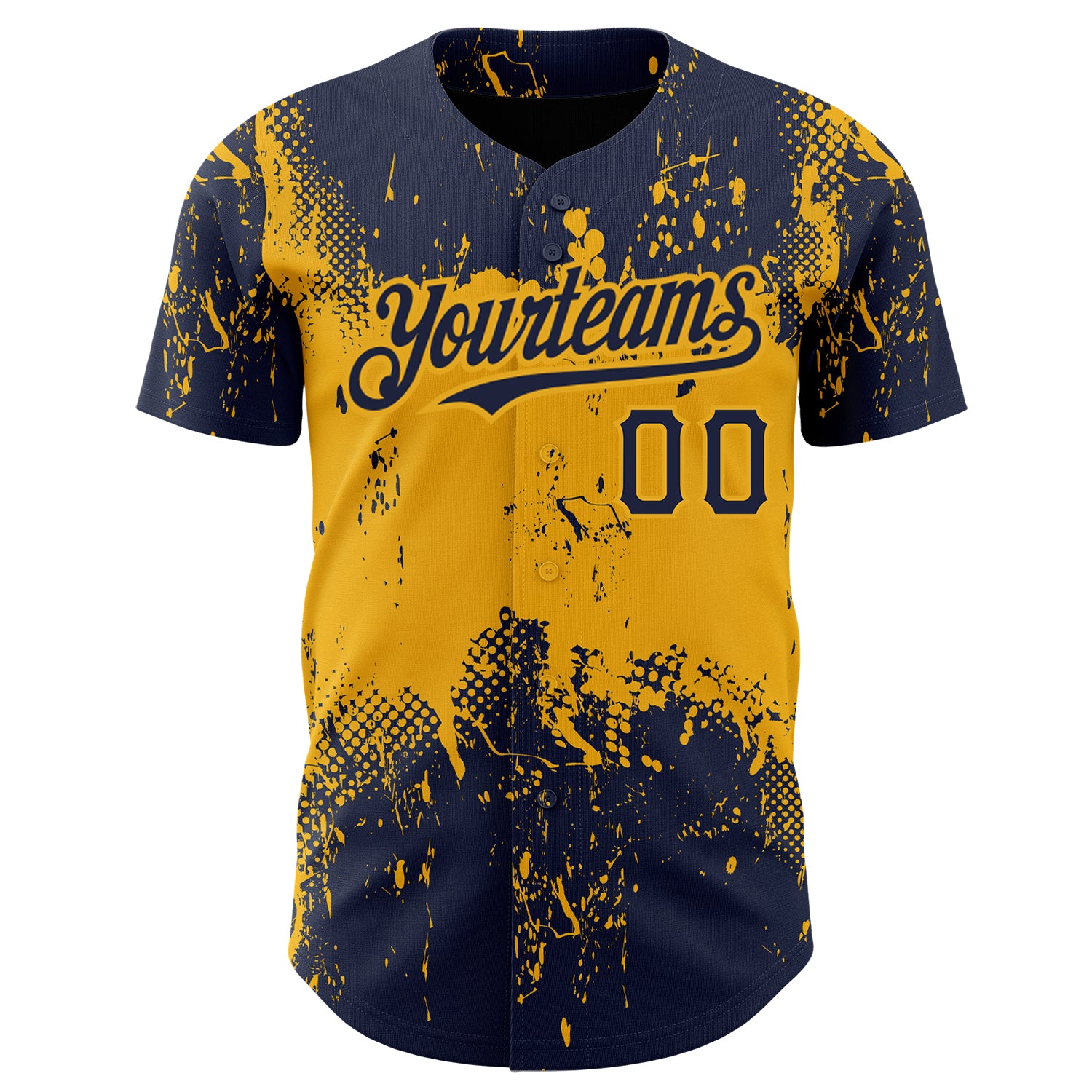 Custom Navy Gold 3D Pattern Design Abstract Splatter Grunge Art Authentic Baseball Jersey