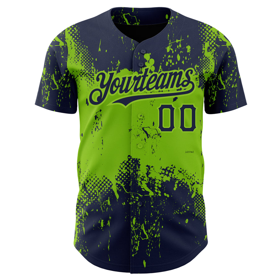 Custom Navy Neon Green 3D Pattern Design Abstract Splatter Grunge Art Authentic Baseball Jersey