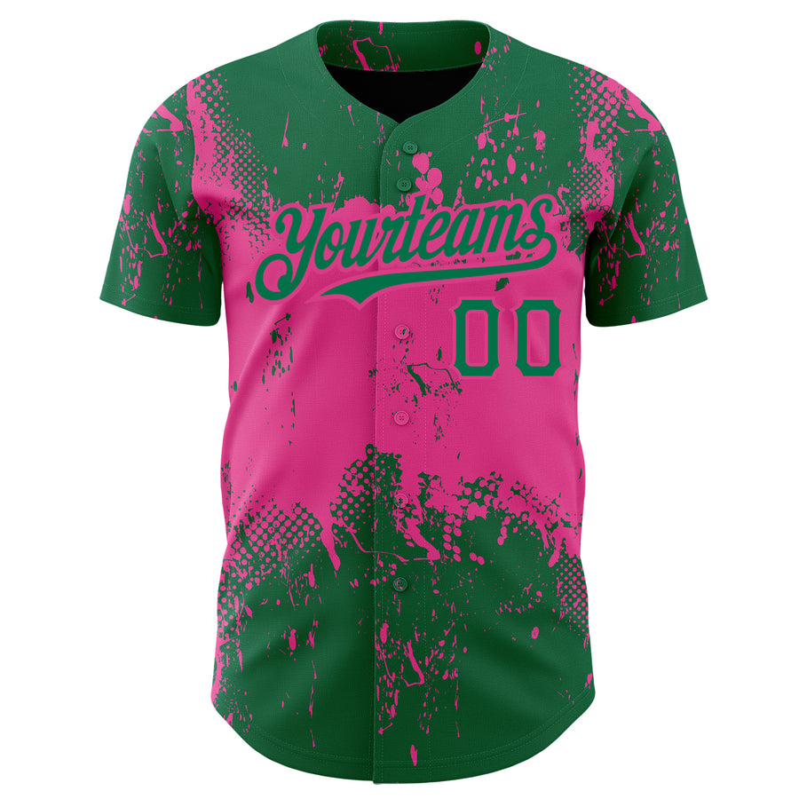 Custom Kelly Green Pink 3D Pattern Design Abstract Splatter Grunge Art Authentic Baseball Jersey