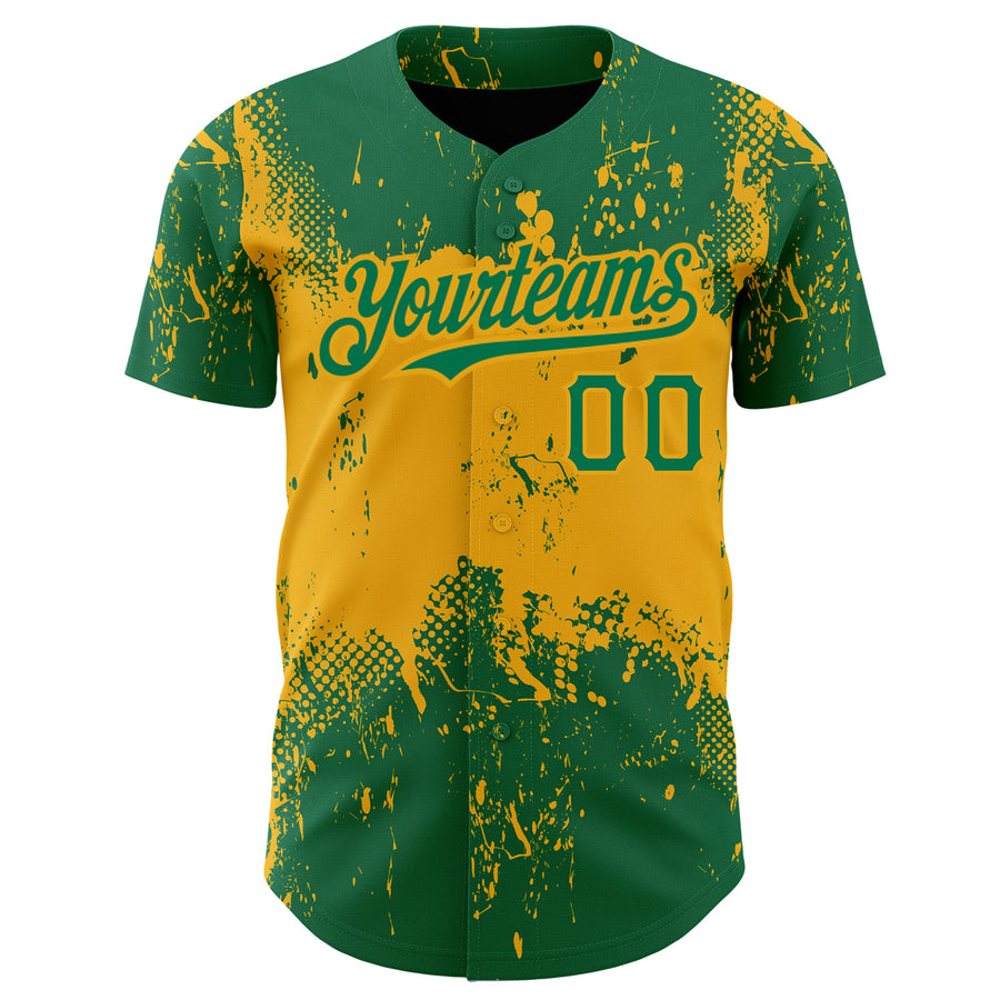 Custom Kelly Green Gold 3D Pattern Design Abstract Splatter Grunge Art Authentic Baseball Jersey