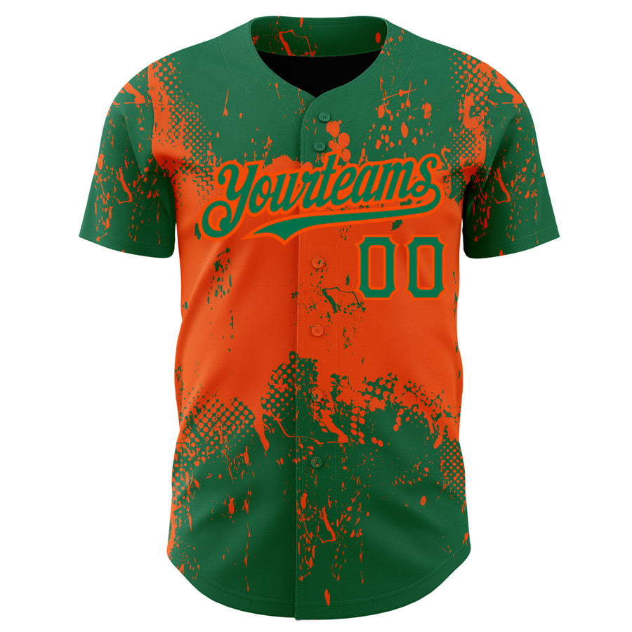 Custom Kelly Green Orange 3D Pattern Design Abstract Splatter Grunge Art Authentic Baseball Jersey