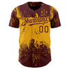 Custom Burgundy Gold 3D Pattern Design Abstract Splatter Grunge Art Authentic Baseball Jersey