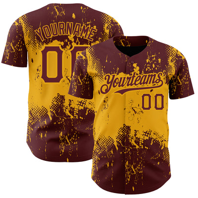 Custom Burgundy Gold 3D Pattern Design Abstract Splatter Grunge Art Authentic Baseball Jersey