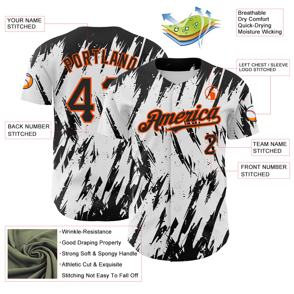 Custom White Black-Orange 3D Pattern Design Abstract Sharp Shape Authentic Baseball Jersey