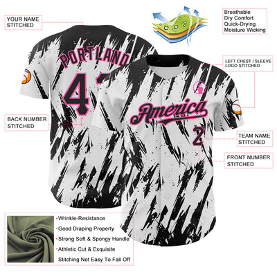 Custom White Black-Pink 3D Pattern Design Abstract Sharp Shape Authentic Baseball Jersey