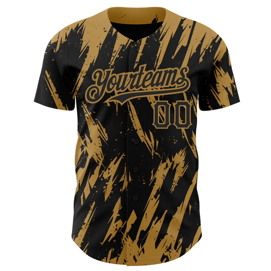 Custom Black Old Gold 3D Pattern Design Abstract Sharp Shape Authentic Baseball Jersey