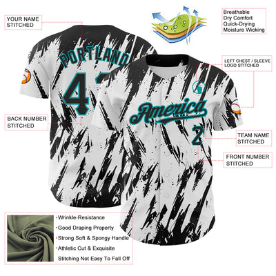 Custom White Black-Teal 3D Pattern Design Abstract Sharp Shape Authentic Baseball Jersey