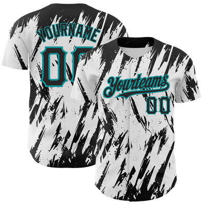 Custom White Black-Teal 3D Pattern Design Abstract Sharp Shape Authentic Baseball Jersey