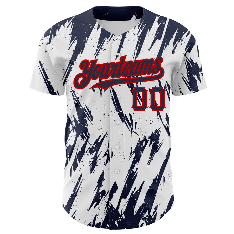 Custom White Navy-Red 3D Pattern Design Abstract Sharp Shape Authentic Baseball Jersey