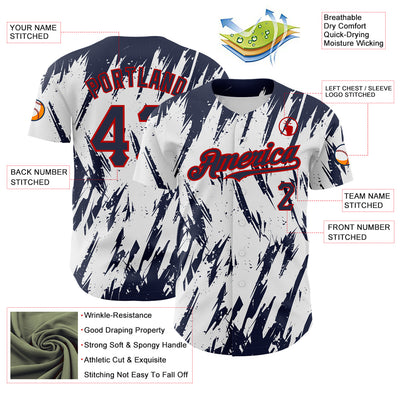 Custom White Navy-Red 3D Pattern Design Abstract Sharp Shape Authentic Baseball Jersey