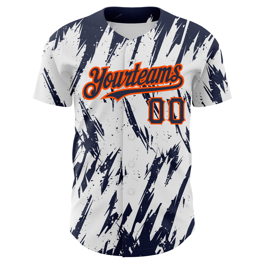 Custom White Navy-Orange 3D Pattern Design Abstract Sharp Shape Authentic Baseball Jersey