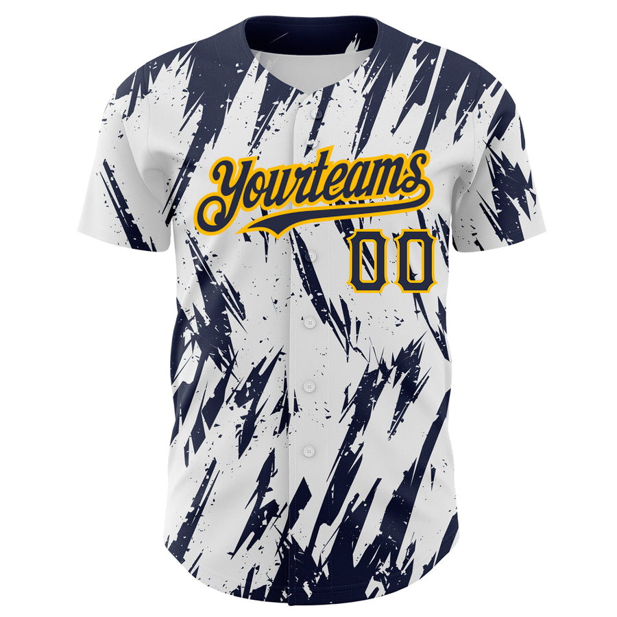 Custom White Navy-Gold 3D Pattern Design Abstract Sharp Shape Authentic Baseball Jersey