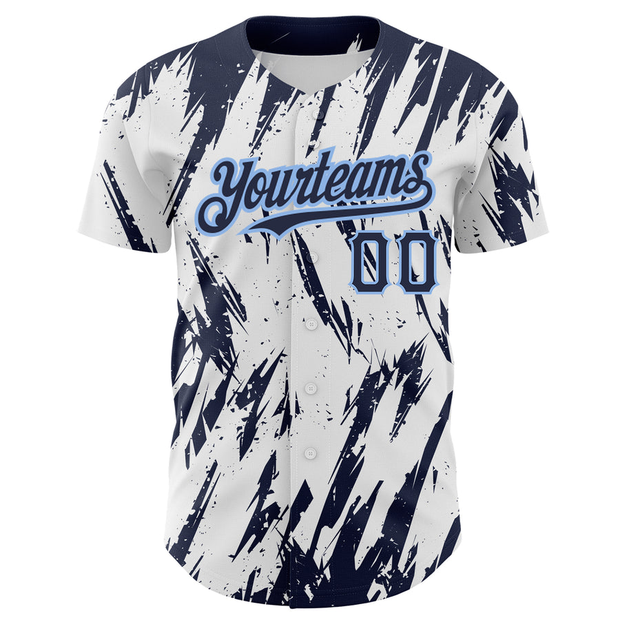 Custom White Navy-Light Blue 3D Pattern Design Abstract Sharp Shape Authentic Baseball Jersey