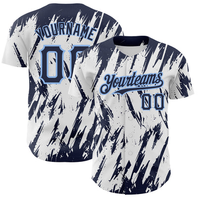 Custom White Navy-Light Blue 3D Pattern Design Abstract Sharp Shape Authentic Baseball Jersey