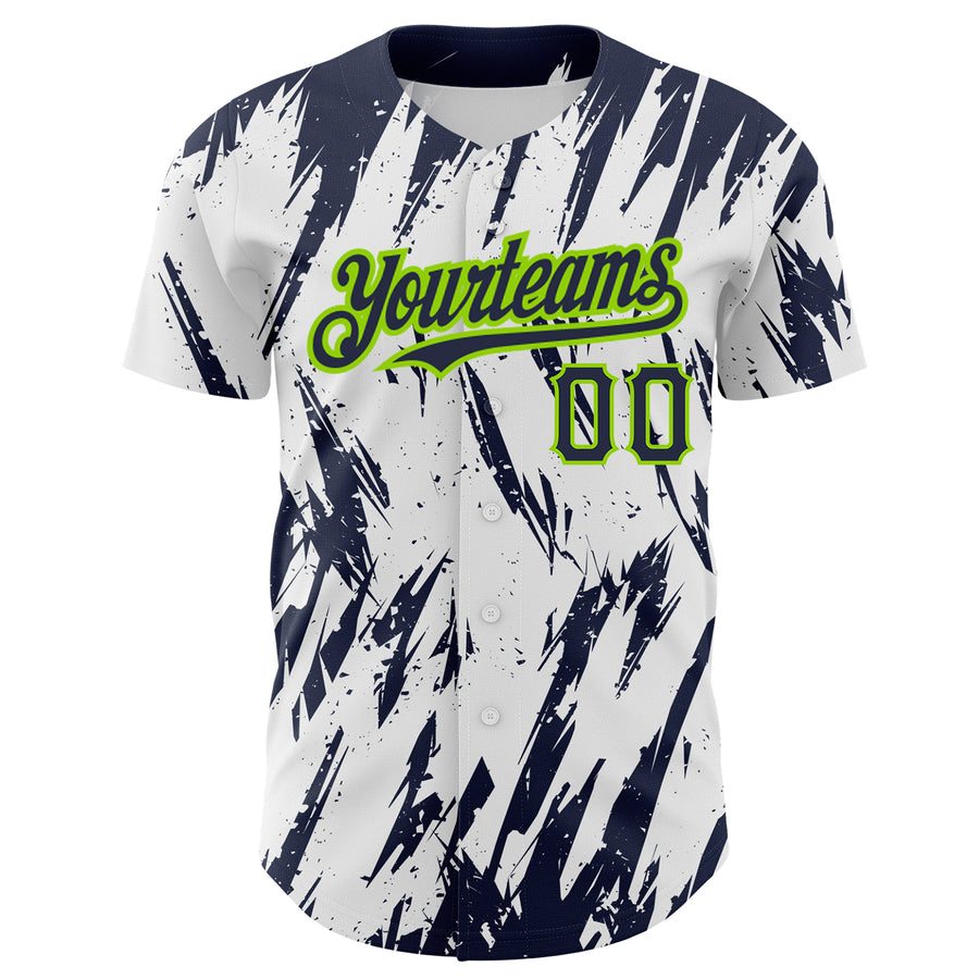 Custom White Navy-Neon Green 3D Pattern Design Abstract Sharp Shape Authentic Baseball Jersey