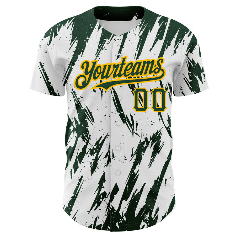 Custom White Green-Gold 3D Pattern Design Abstract Sharp Shape Authentic Baseball Jersey