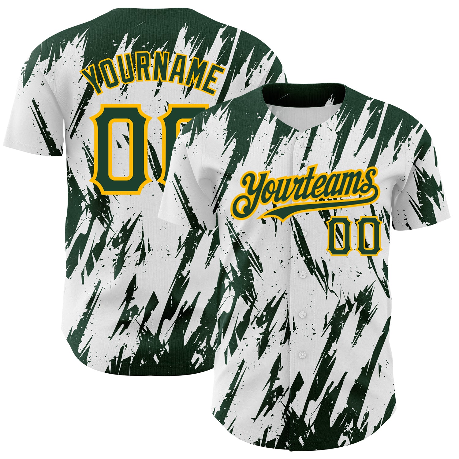 Custom White Green-Gold 3D Pattern Design Abstract Sharp Shape Authentic Baseball Jersey