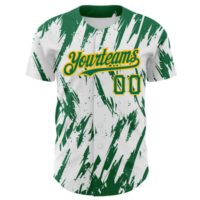 Custom White Kelly Green-Gold 3D Pattern Design Abstract Sharp Shape Authentic Baseball Jersey