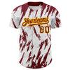 Custom White Crimson-Gold 3D Pattern Design Abstract Sharp Shape Authentic Baseball Jersey