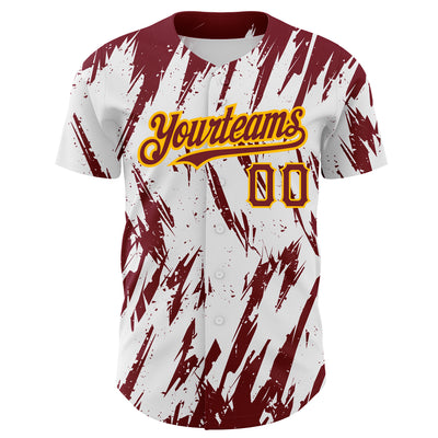 Custom White Crimson-Gold 3D Pattern Design Abstract Sharp Shape Authentic Baseball Jersey