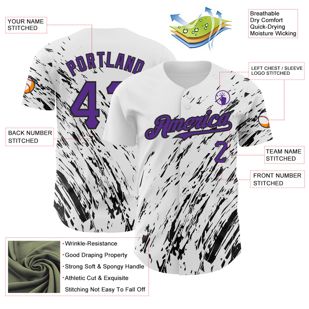 Custom White Purple-Black 3D Pattern Design Abstract Splash Authentic Baseball Jersey