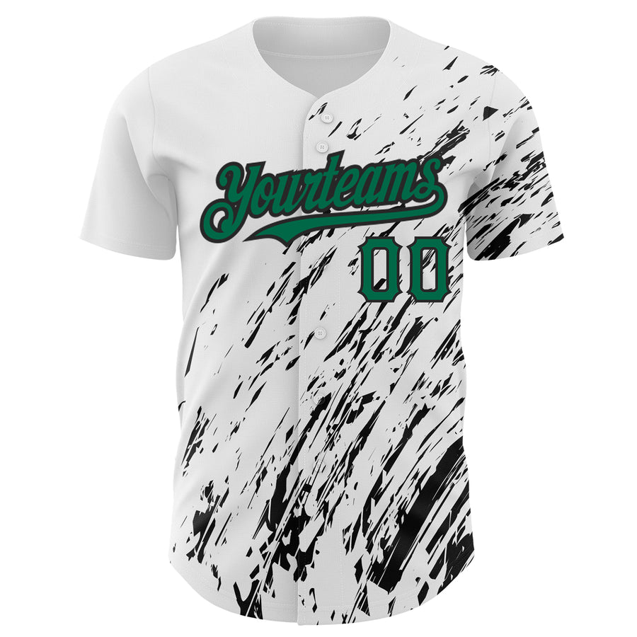 Custom White Kelly Green-Black 3D Pattern Design Abstract Splash Authentic Baseball Jersey