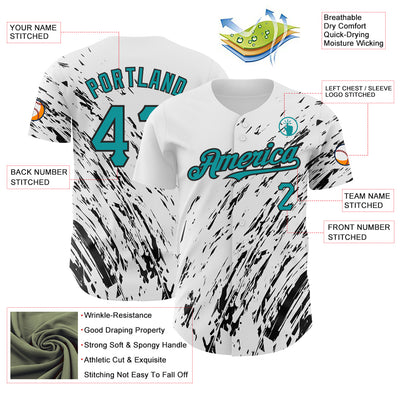 Custom White Teal-Black 3D Pattern Design Abstract Splash Authentic Baseball Jersey