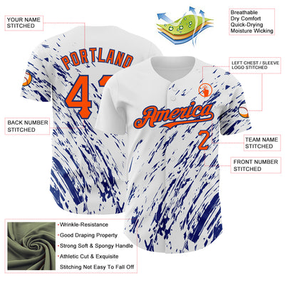 Custom White Orange-Royal 3D Pattern Design Abstract Splash Authentic Baseball Jersey