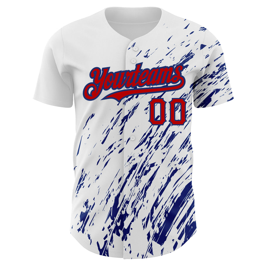 Custom White Red-Royal 3D Pattern Design Abstract Splash Authentic Baseball Jersey