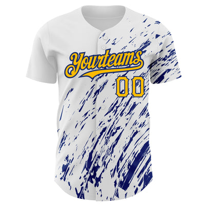 Custom White Gold-Royal 3D Pattern Design Abstract Splash Authentic Baseball Jersey