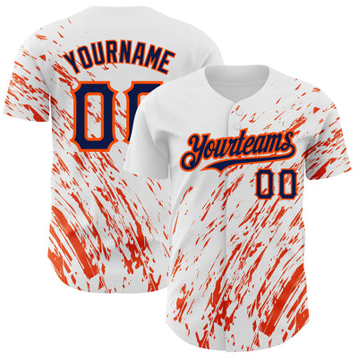 Custom White Navy-Orange 3D Pattern Design Abstract Splash Authentic Baseball Jersey