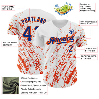 Custom White Royal-Orange 3D Pattern Design Abstract Splash Authentic Baseball Jersey