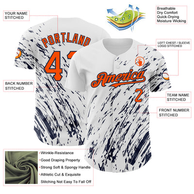 Custom White Orange-Navy 3D Pattern Design Abstract Splash Authentic Baseball Jersey