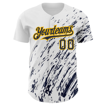 Custom White Navy-Gold 3D Pattern Design Abstract Splash Authentic Baseball Jersey