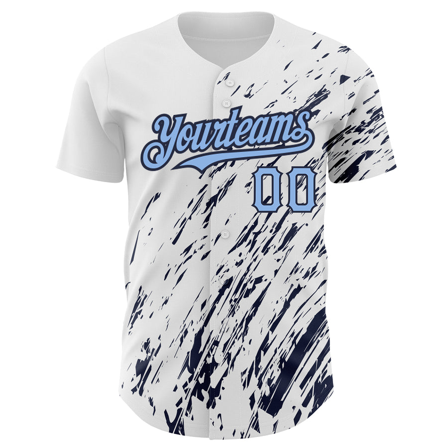 Custom White Light Blue-Navy 3D Pattern Design Abstract Splash Authentic Baseball Jersey