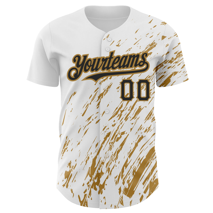 Custom White Black-Old Gold 3D Pattern Design Abstract Splash Authentic Baseball Jersey