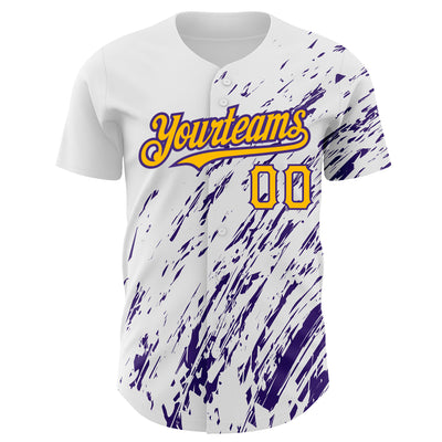 Custom White Gold-Purple 3D Pattern Design Abstract Splash Authentic Baseball Jersey