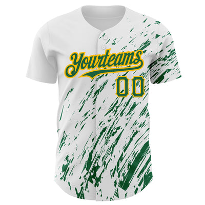 Custom White Kelly Green-Gold 3D Pattern Design Abstract Splash Authentic Baseball Jersey