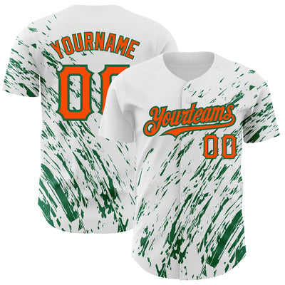 Custom White Orange-Kelly Green 3D Pattern Design Abstract Splash Authentic Baseball Jersey