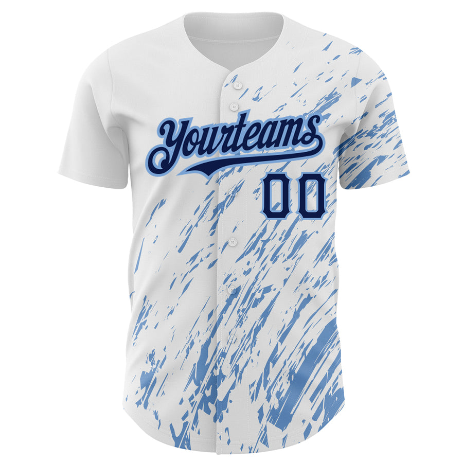 Custom White Navy-Light Blue 3D Pattern Design Abstract Splash Authentic Baseball Jersey